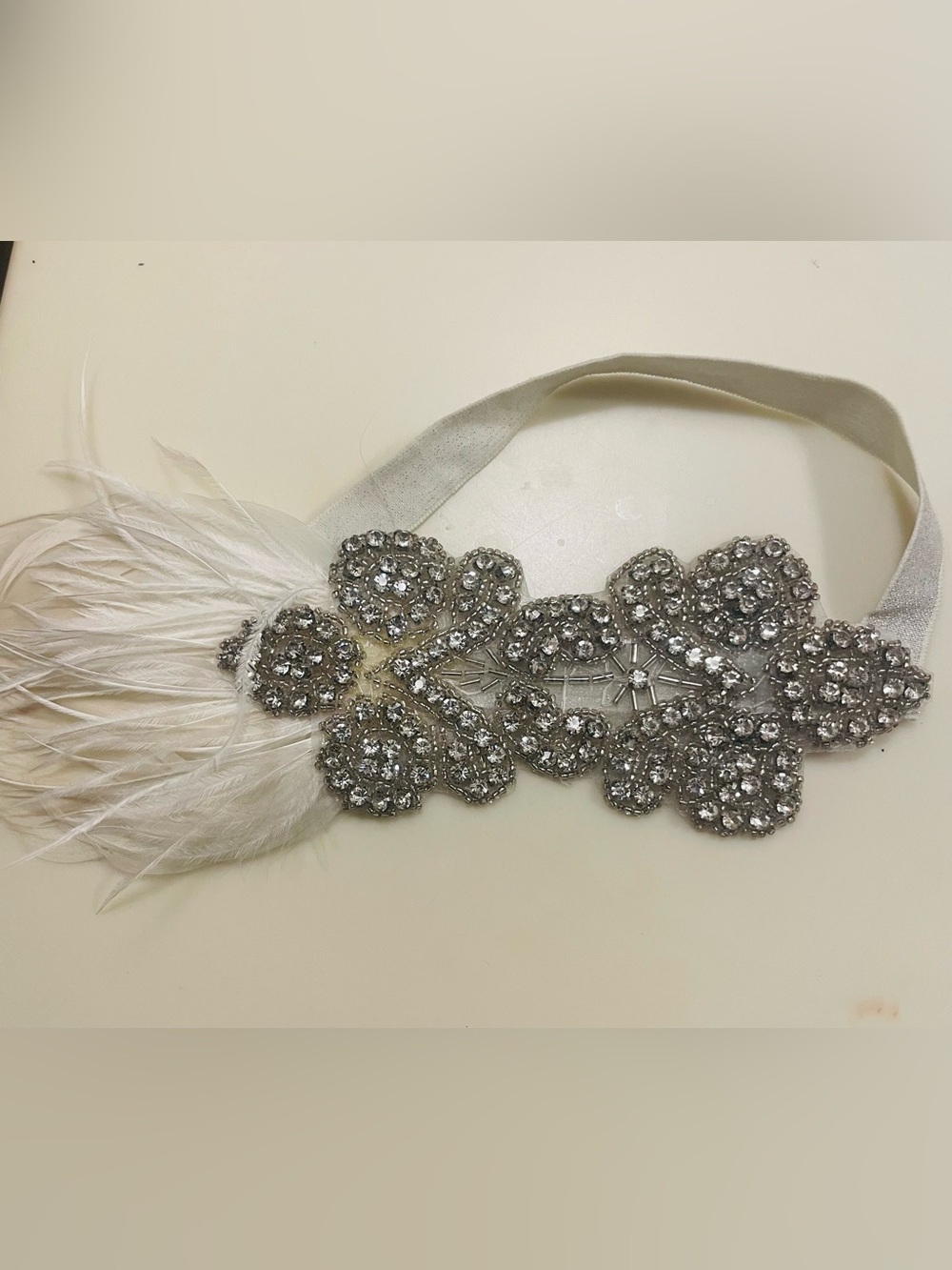 Crystal Embellished Silver Headband with White Feather